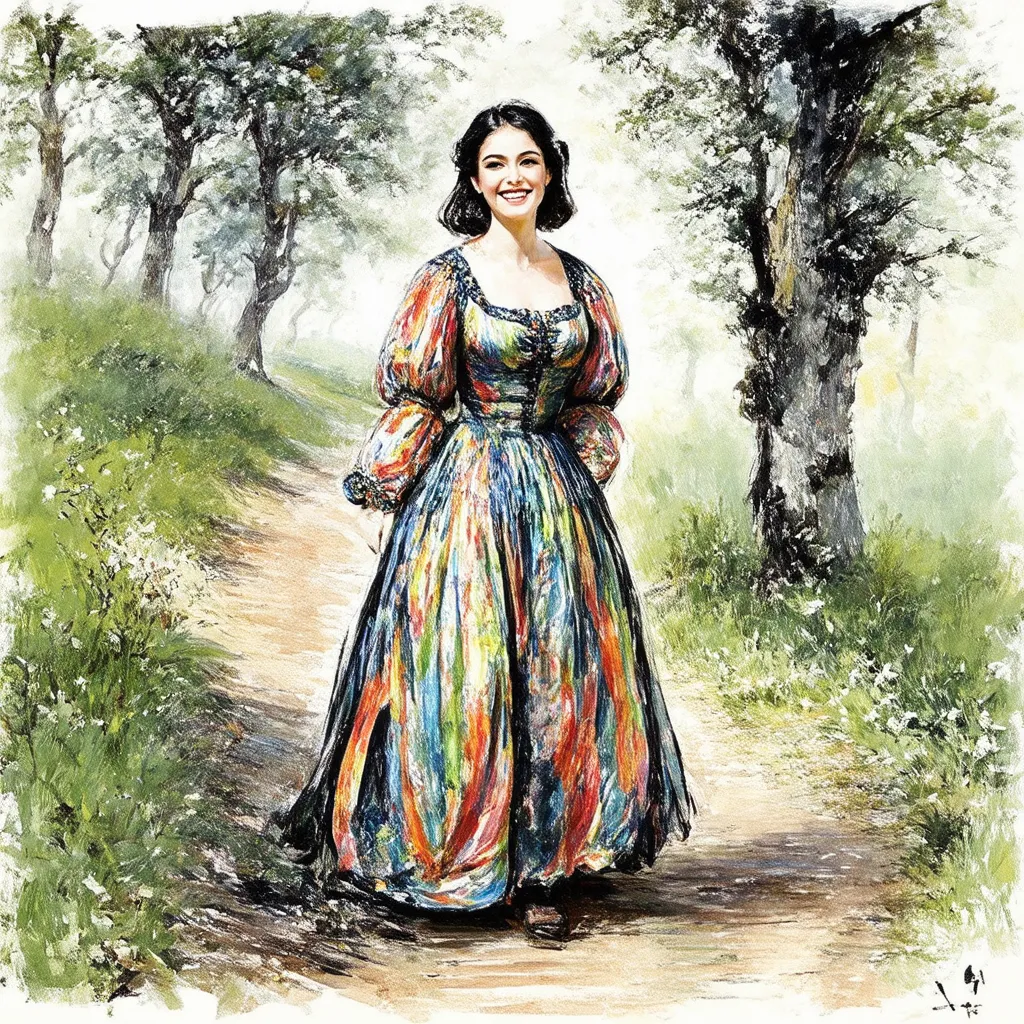 Prompt: Imagine the noble Polish 19 century female unfinished sketch, from a close walks along the forest path smilling dreamy, her posture in gorgeous colorfull dress just emmerces on a canvas, a part of her clothes is colored but others left black and white, the edges of the picture are blured unfinished with only black contours, Ivan Shishkin art, a masterpiece