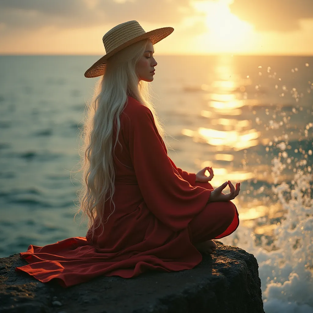 Prompt: Epic scene with a goddess appearence female with japanese look meditates at very early morning sitting on the tall stone rock in the middle of the ocean, long white hair, from a side seats stright in asana pose, monk red coat, hands on laps, straw round hat, face from a close with dreaming expression, splashes of waves and water, piercing rays of rising sun, high contrast, contrastly deep shadows, cinematic ambiance, film noir, subtle texture, warm sepia tones, extremely realistic