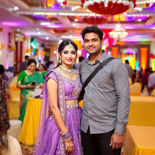 Prompt: In a vibrant banquet hall adorned with decorative elements, a young woman in an elaborate purple lehenga expresses elegance and poise, standing confidently beside a man who wears a casual gray shirt. Her outfit features intricate embroidery and sequins, shimmering under the soft overhead lights, while her accessories, including bracelets and a necklace, complement her look. The backdrop is lively, with tables draped in yellow and guests mingling, creating a celebratory atmosphere. On the periphery, another female figure in a green saree can be seen, further enhancing the colorful ambiance of the celebration. The overall mood is festive and joyous, encapsulating a moment of togetherness amidst rich cultural traditions.