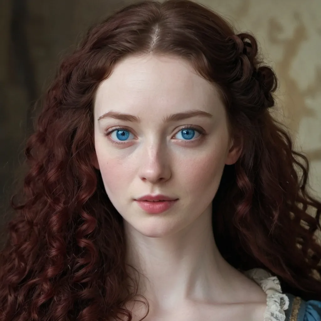 Prompt: Woman Dark red long hair with pale skin,blue eyes, with 20 years, curly hair,18th century aesthetic