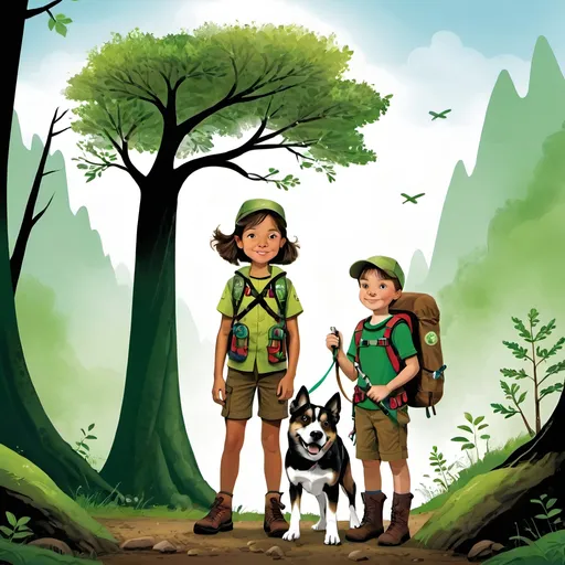 Prompt: Tree heroes, a 10-year-old girl explorer, an 8-and-a-half-year-old boy explorer, a dog.