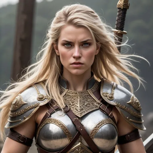 Prompt: Sigrun Stormblade stands as a paragon of fierce femininity and unmatched strength. Her imposing figure commands attention, with a chiseled visage that exudes resilience and determination. Long, windswept hair cascades down her back, symbolizing her untamed spirit and fierce resolve. Adorned in battle-worn armor, every plate and chainmail tells a story of triumph and unwavering determination.

As she raises her weapon, the sight of her well-defined abs and powerful physique showcases the might of a seasoned warrior. Her battle scars are a testament to her resilience and unwavering spirit, each mark representing the hardships and victories she has endured. Sigrun's presence on the battlefield is a sight to behold, radiating strength, grace, and the indomitable spirit of a true warrior.