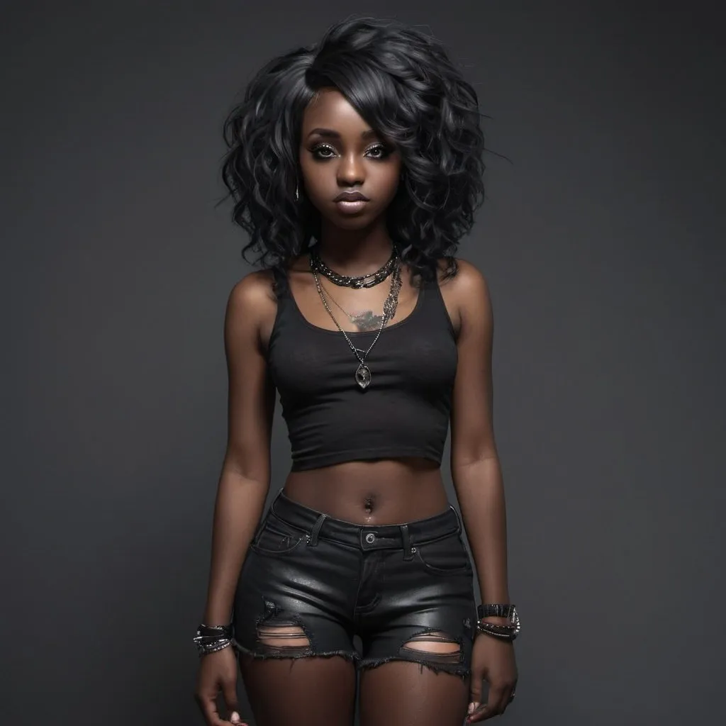 Prompt: Realistic full body photographic portrait; Female; Emo/goth girl; 20 years old; Dark ebony African skin; Curvy; Wavy hair; Cute.