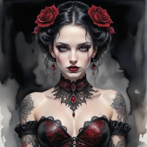 Prompt: Envision a captivating watercolor portrait of a mesmerizing gothic goddess, her presence commanding the canvas with an air of dark elegance. Picture her adorned in intricate black corsets, lace-trimmed stockings, and other traditional gothic attire, now accented with subtle hints of deep crimson and burgundy that add depth and richness to her ensemble.

The focal point of the portrait is the mysterious female model, her features sculpted with exquisite detail—a sharp contrast against the deep, inky blackness of her attire. Her eyes, pools of darkness tinged with hues of red, hold a captivating allure that draws the viewer in, inviting them to lose themselves in her enigmatic gaze.

Adornments of silver and onyx gleam against the backdrop of her alabaster skin, while intricate tattoos adorned with crimson accents snake across her arms and décolletage, each one telling a story of rebellion and redemption. Against the backdrop of a moonlit night, shadows dance around her figure, casting an ethereal glow that accentuates her dark beauty, now intensified by the addition of crimson hues.

With each brushstroke, capture the essence of this gothic goddess—the embodiment of elegance, mystery, and rebellion, now enriched with the deep, intoxicating tones of red. Let the delicate interplay of light and shadow evoke a sense of enchantment, inviting the viewer to become lost in the dark allure of her world, now tinged with the passionate embrace of crimson.
