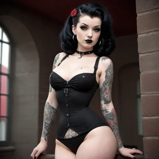 Prompt: Pinup Goth girl. Slim Hourglass body, curvaceous. Realistic. Tattooed.