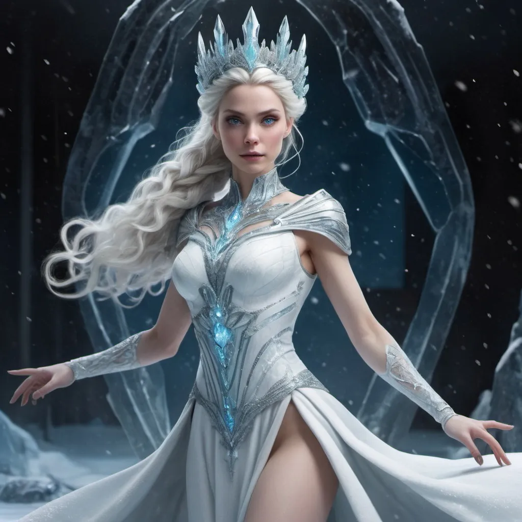 Prompt: Aurora is a woman in her forties, with a physique that resembles a marble statue. Her skin is pale and flawless, her hair is silver and sleek, and her eyes are a piercing blue. She wears a white dress that flows like snow, adorned with ice crystals and fur. She moves with grace and precision, like a ballerina on ice. She can create and manipulate ice with her mind, forming weapons, shields, and structures with ease. She is cold and ruthless, seeking to impose her vision of order on the world. She sees fire as a chaotic and destructive force, and she despises Reppy, her fiery rival, who represents everything she wants to eliminate. She is a formidable opponent, who will not hesitate to use her cryokinesis to freeze anyone who stands in her way. She is Aurora, the Cryo Queen.




