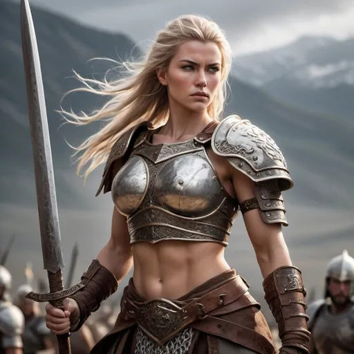 Prompt: Sigrun Stormblade stands as a paragon of fierce femininity and unmatched strength. Her imposing figure commands attention, with a chiseled visage that exudes resilience and determination. Long, windswept hair cascades down her back, symbolizing her untamed spirit and fierce resolve. Adorned in battle-worn armor, every plate and chainmail tells a story of triumph and unwavering determination.

As she raises her weapon, the sight of her well-defined abs and powerful physique showcases the might of a seasoned warrior. Her battle scars are a testament to her resilience and unwavering spirit, each mark representing the hardships and victories she has endured. Sigrun's presence on the battlefield is a sight to behold, radiating strength, grace, and the indomitable spirit of a true warrior.