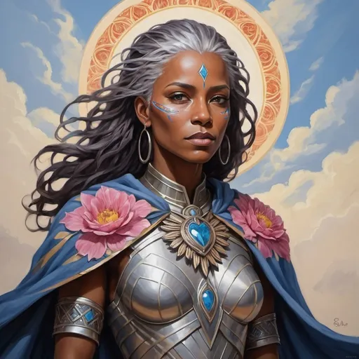 Prompt: Acrylic painting of Elara Ironheart as a tribute to the indomitable spirit and unwavering strength of mothers as they bravely face their battles against cancer.

Elara Ironheart, a symbol of resilience and strength, stands tall with a gaze that reflects the wisdom of her years and the determination of her spirit. Her fair skin bears the marks of her battles, each scar telling a story of courage and perseverance. Her windswept hair, graying but vibrant, embodies the wisdom and grace that comes with age.

Draped in a cloak representing the colors of endurance and hope, Elara dons a breastplate adorned with intricate patterns symbolizing the resilience of the human spirit. Her armor bears motifs of blooming flowers, representing the beauty and growth that can flourish even in the face of adversity.

