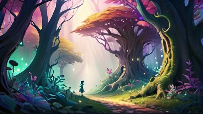 Prompt: Enchanted magical forest, vibrant colors, whimsical creatures, fairy-tale atmosphere, high quality, fantasy, mystical, dreamy, vibrant colors, ethereal lighting, fantasy landscape, detailed foliage, magical creatures, mystical ambiance