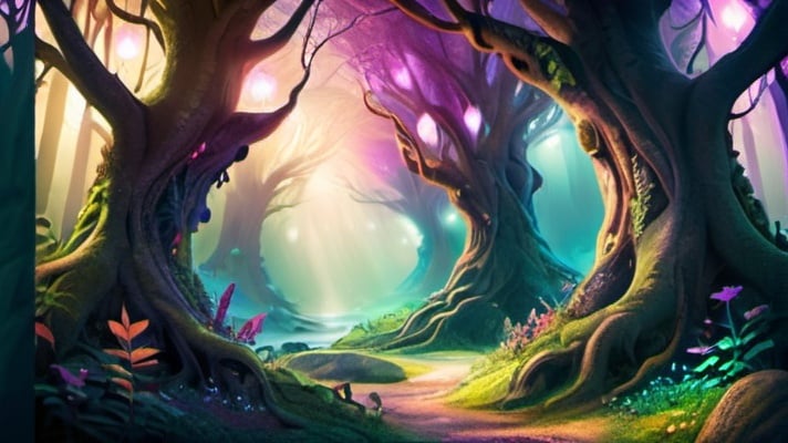 Prompt: Enchanted magical forest, vibrant colors, whimsical creatures, fairy-tale atmosphere, high quality, fantasy, mystical, dreamy, vibrant colors, ethereal lighting, fantasy landscape, detailed foliage, magical creatures, mystical ambiance