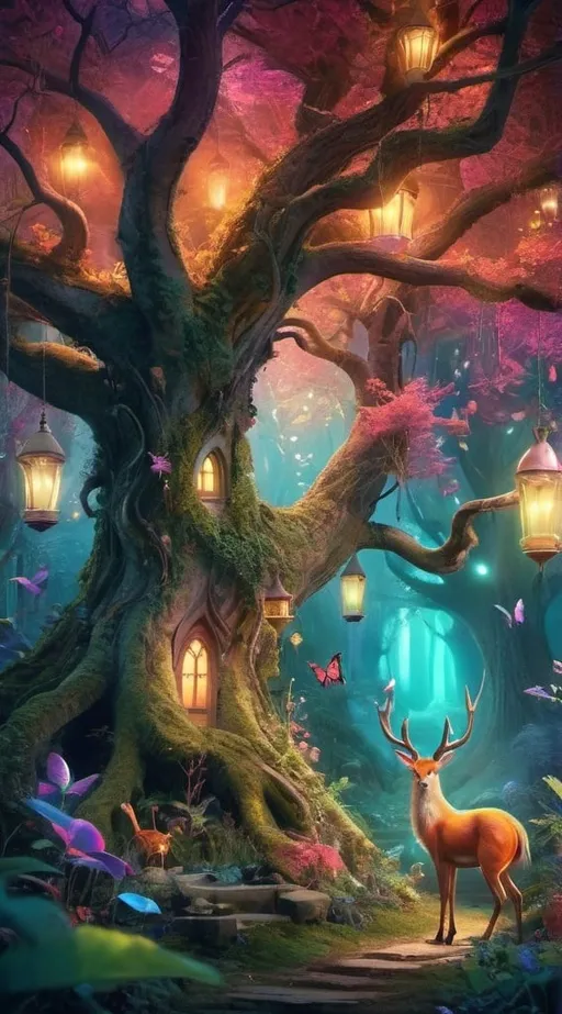 Prompt: Enchanted magical forest, vibrant colors, whimsical creatures, fairy-tale atmosphere, high quality, fantasy, mystical, dreamy, vibrant colors, ethereal lighting, fantasy landscape, detailed foliage, magical creatures, mystical ambiance