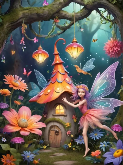 Prompt: Whimsical, magical scene with lively colors, enchanting fairy, vibrant floral elements, playful creatures, dreamy atmosphere, high quality, fantasy, magical, whimsical, vibrant colors, enchanting, dreamy, playful creatures, floral elements, highres, detailed