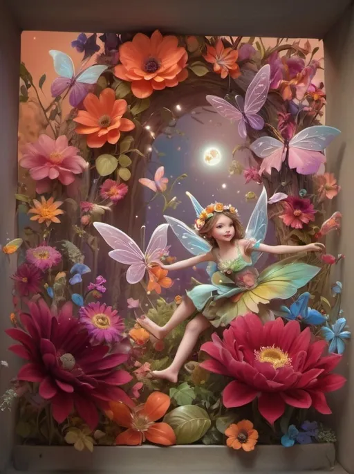 Prompt: Whimsical, magical scene with lively colors, enchanting fairy, vibrant floral elements, playful creatures, dreamy atmosphere, high quality, fantasy, magical, whimsical, vibrant colors, enchanting, dreamy, playful creatures, floral elements, highres, detailed