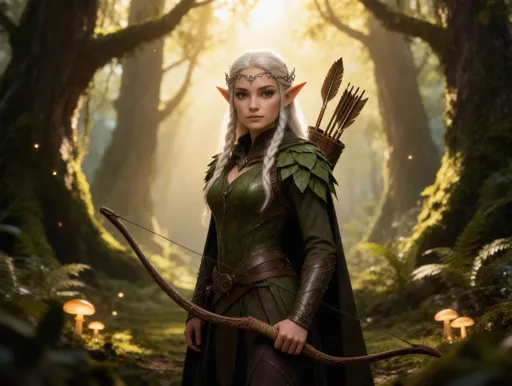 Prompt: Elf ranger in a mystical forest around sunlight