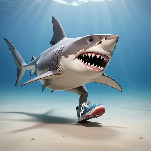 Prompt: a shark with three legs with jordan shoes that walks on the ocean florr