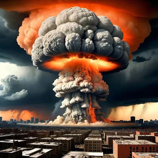 Prompt: drawing of a mushroom cloud from a nuke over a city, 