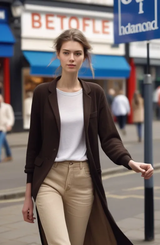 Prompt: Tall young woman walking down the high street, detailed clothing, realistic, natural lighting