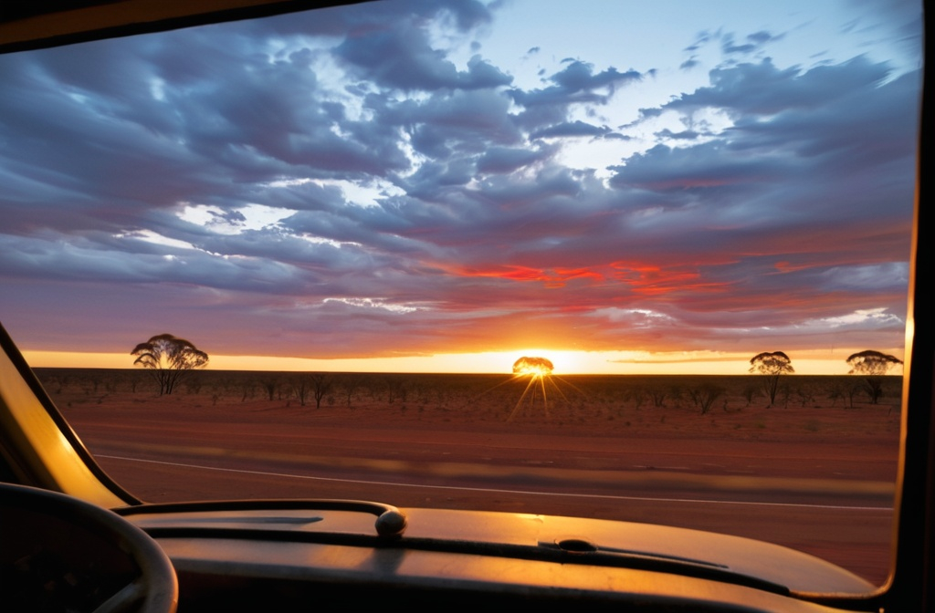 Prompt: sunset in outback australia view from the side window of a truck