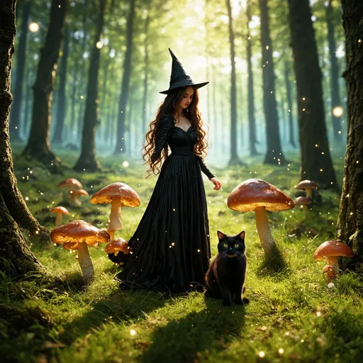 Prompt: A sparkling world with a beautiful forest witch mushroom picking with her pet black cat