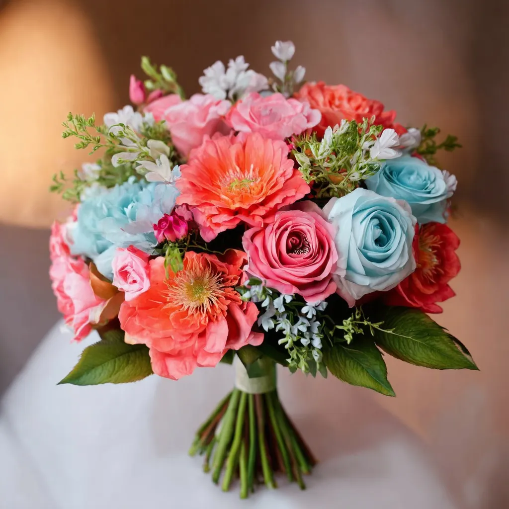 Prompt: Realistic image of a wedding bouquet with a color scheme of coral, fuchsia and light blue flowers 