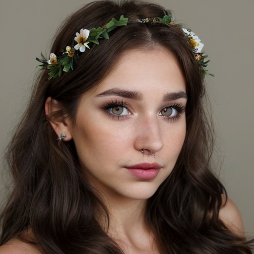 Prompt: A 28 year old women with light brown hair, hazel eyes, slightly think lips, light make up on wearing a black nose ring on her left nostril and also wearing a flower crown 