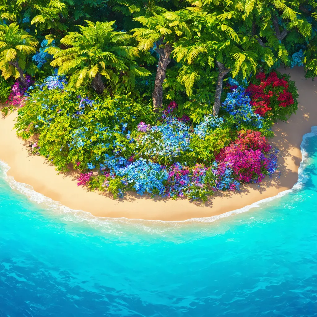 Prompt: Realistic image of a desert island filled with realistic flowers, trees and shrubs, everything is accented with diamonds and sparkles