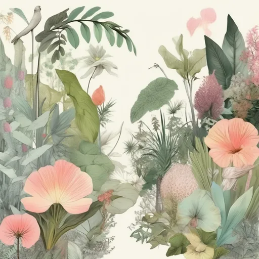 Prompt: Garden of Eden with pastel tints and botanical art style