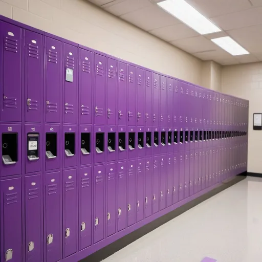 Prompt: purple school locker with id scanners on each locker included with thumb print scanner
