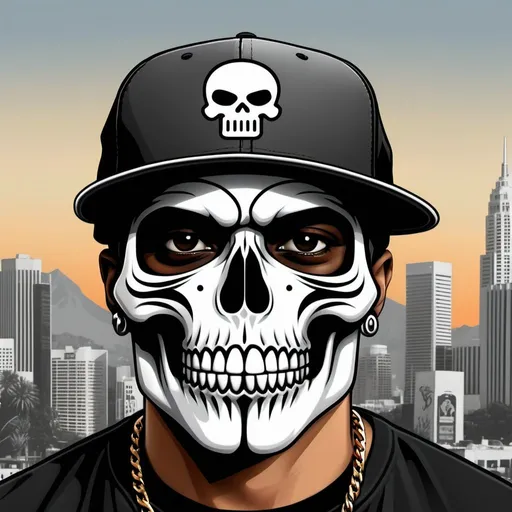 Prompt: Realistic urban artwork of a modernized Calavera, Los Angeles hip hop style akin to SIMBOLfashionable cap, pointed eyebrows, cityscape, .PELARNACK. brand logo, detailed clothing, high quality, realistic, urban, Los Angeles, hip hop, fashionable, symbolic, modernizad, inspired, detailed, professional LOGO MOST TOXIC DETH