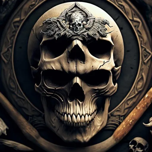 Prompt: Realistic depiction of a skull with a defiant gaze, knife with the 'PelarNack' emblem, symbolizing the moment of death, flower of Cáliss on chest, high quality, realistic 3D, natural tones, soft lighting, realistic details, hopeful gaze, distinctive emblem, representation of faith