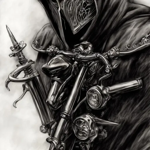 Prompt: Custom motorcycle style realistic illustration of Death, wearing a cloak, symbol of the Fleur-de-lis, portraying the last hope, sad expression, 3D realism, intense gaze, representing the final moment, detailed shading, high quality, realistic, custom motorcycle style, cloak, Fleur-de-lis symbol, intense gaze, sadness, detailed realism, emotional, dramatic lighting