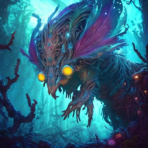 Prompt: High-quality digital art of a mystical pelarnack creature, glowing bioluminescent patterns, ethereal and otherworldly, vibrant colors, magical forest setting, detailed feathers with radiant textures, radiant and mesmerizing gaze, mysterious and enchanting, fantasy, bioluminescent, mystical, vibrant colors, detailed feathers, magical forest, otherworldly, ethereal, mesmerizing gaze, high quality, digital art, professional, atmospheric lighting