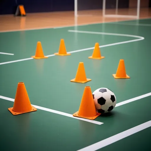 Prompt: futsal pitch with cones legs a ball to be used as background for a web app. it might include some player legs, a chronografer
