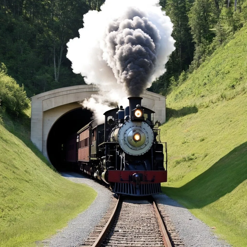 Prompt: american steam train exiting a tunnel