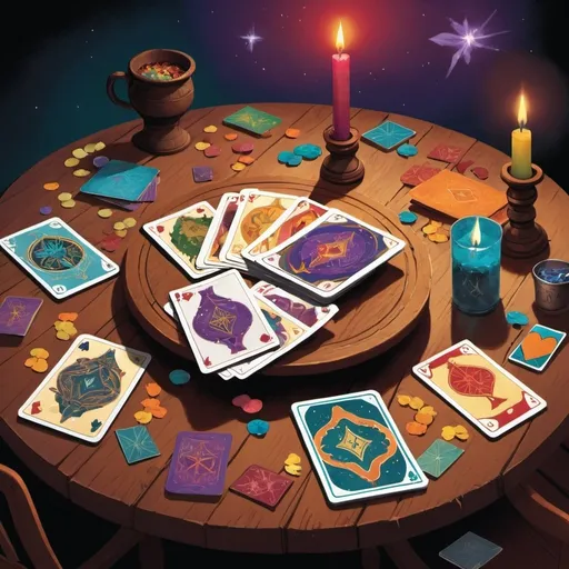 Prompt: an illustration with magic, very colorful, featuring a wooden table with magic cards placed on it.