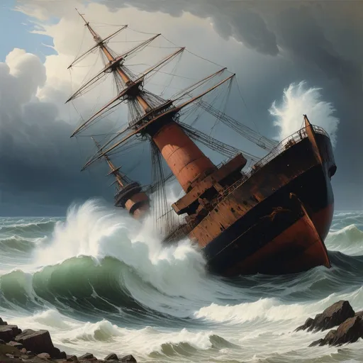 Prompt: picture of a Levitan terrorizing the sea causing ship wrecks and massive waves
