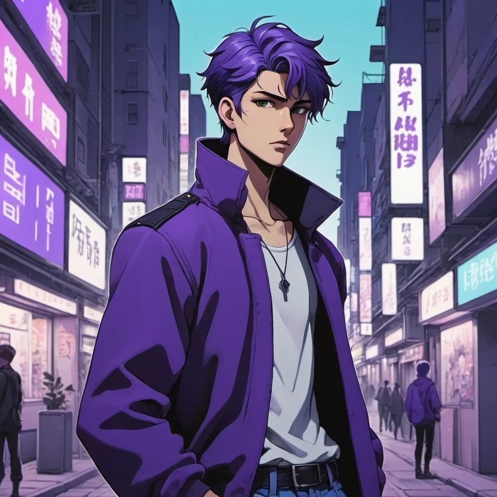 Prompt: male anime character in a retro city with lots of purple blue and black