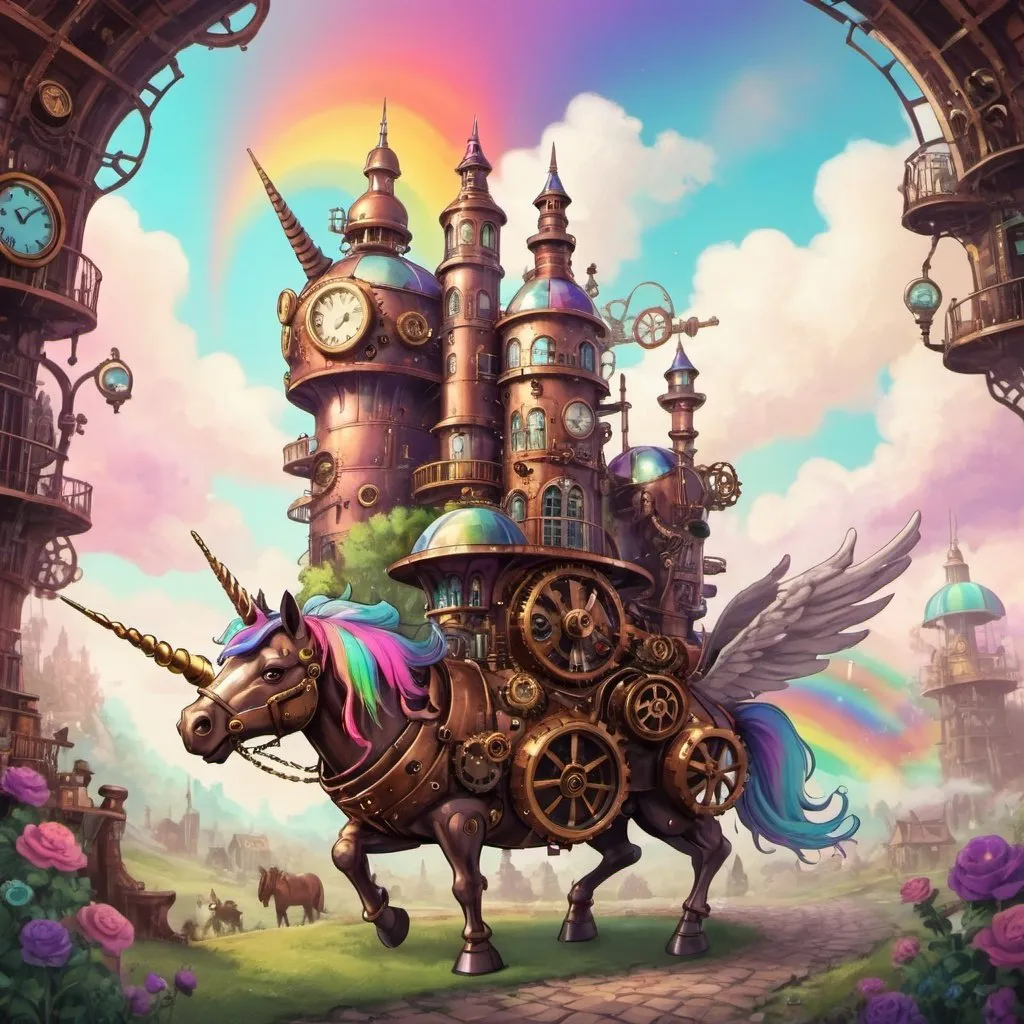 Prompt: Unicornland but it's in a colorful steampunk sstyle.