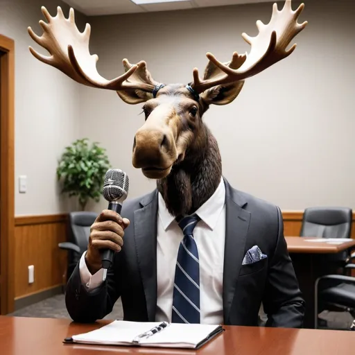 Prompt: a moose with a suit and tie and microphone in hand in a meeting room