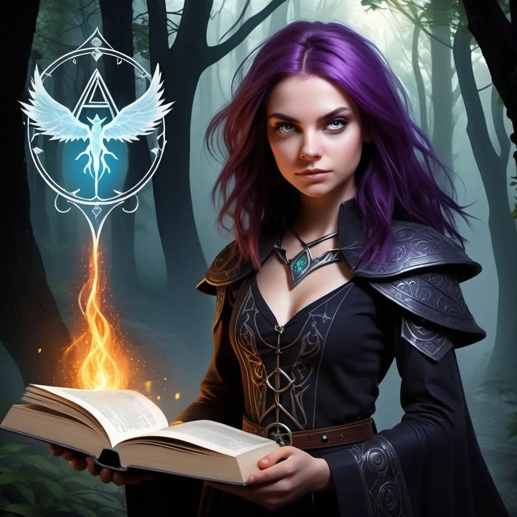 Prompt: book cover art, Book One: The Awakening of Elara
Setting: Ashen Hollow, secluded town
Protagonist: Elara, young witch
Theme: Discovery of magic, empowerment
Conflict: Dark forces, malevolent spirit (Seraphine)
Plot Points:
Learning magic
Confronting fears
Community unity
Self-acceptance
Visual Elements:
Witchcraft symbols
Dark shadows
Friends and allies
Light vs. dark magic