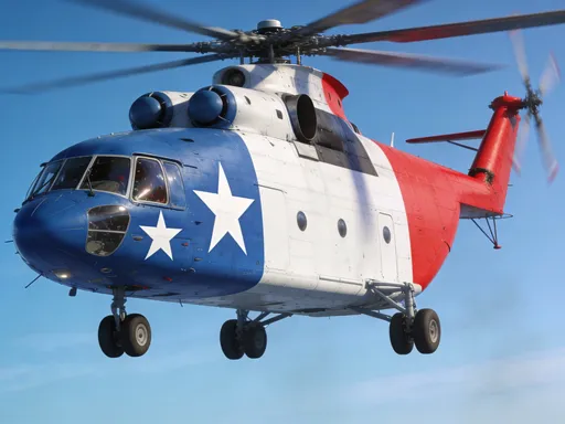 Prompt: A highly detailed digital illustration of a CH-53K King Stallion heavy-lift helicopter in flight, shown in a crisp side profile. The helicopter’s paint scheme is inspired by the Chilean flag: the front fuselage is blue with a large white five-pointed star on each side near the cockpit, the mid-section is white, and the rear fuselage and tail section are bright red. The helicopter is flying against a clear bright blue sky background with soft daylight lighting. Draw it in a realistic digital art style, high resolution, with slight rotor motion blur to convey dynamic flight.