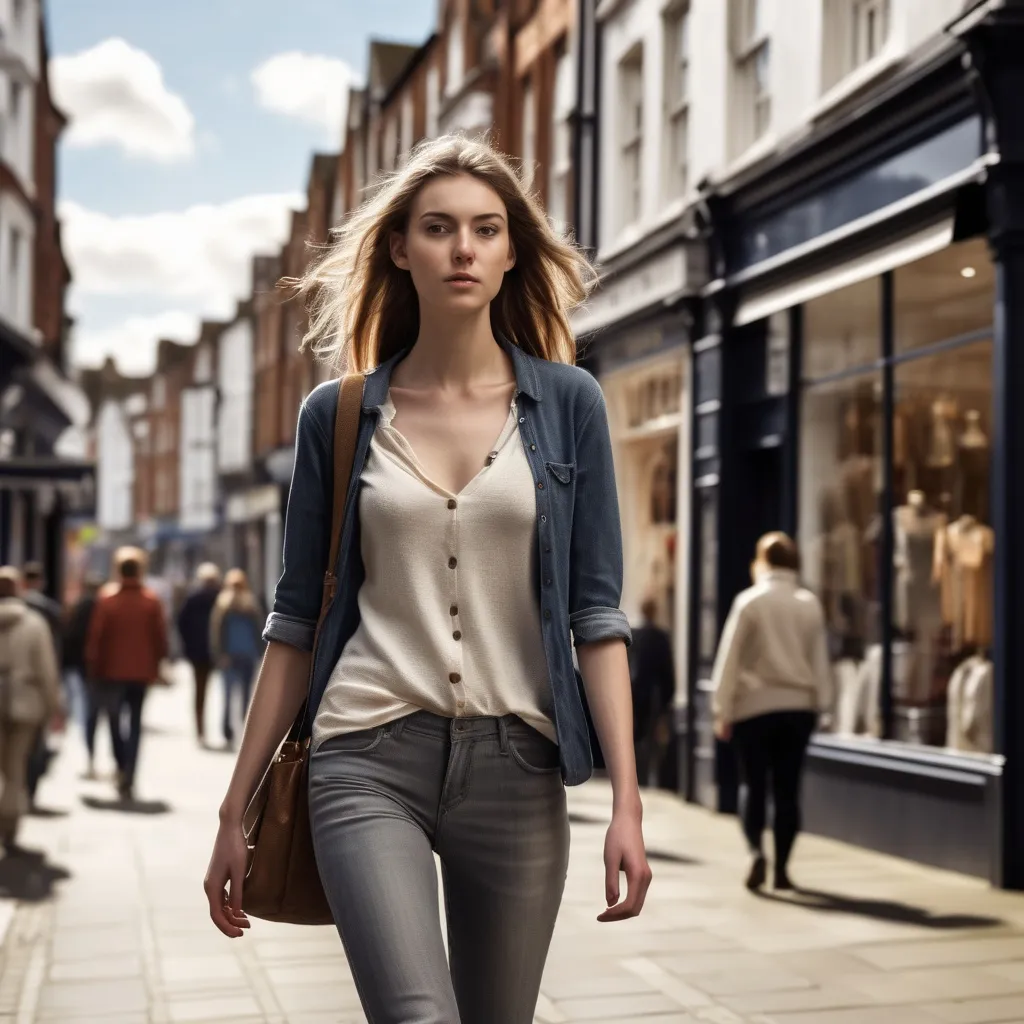 Prompt: Tall young woman walking down the high street, detailed clothing, realistic, natural lighting