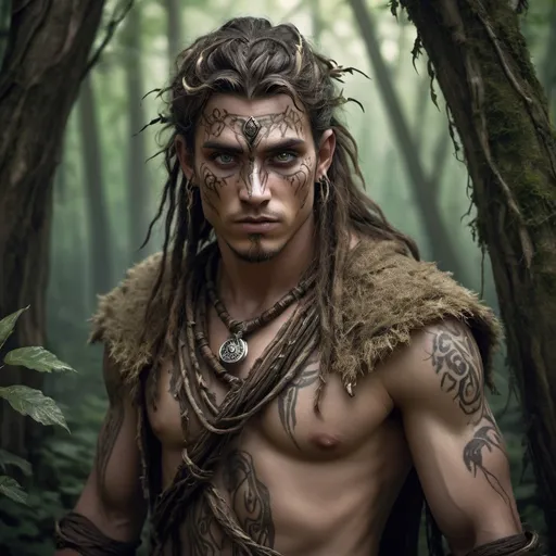 Prompt: Human male druid with dark eye marks, feral eyes, tribal clothing made with vines, dark forest setting, RPG medieval style art, feral pose, dirty face, detailed eyes, nature-inspired, mystical atmosphere, highres, detailed, RPG-style, feral druid, forest, dark eye marks, tribal clothing, feral pose, mystical, atmospheric lighting