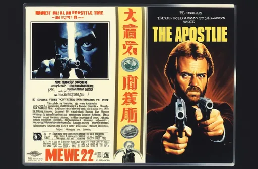 Prompt: a vhs cover of a movie with a man pointing a gun at the camera, and money all around him, and the title of the12apostle
 ]
, key art, poster art