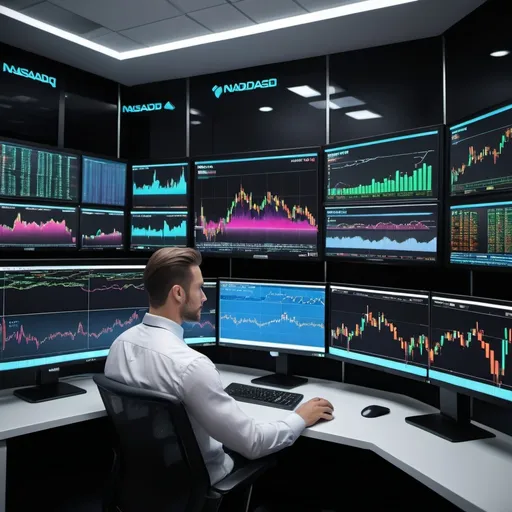 Prompt: invests nasdaq100 futures trading focusing on monitor showing candles