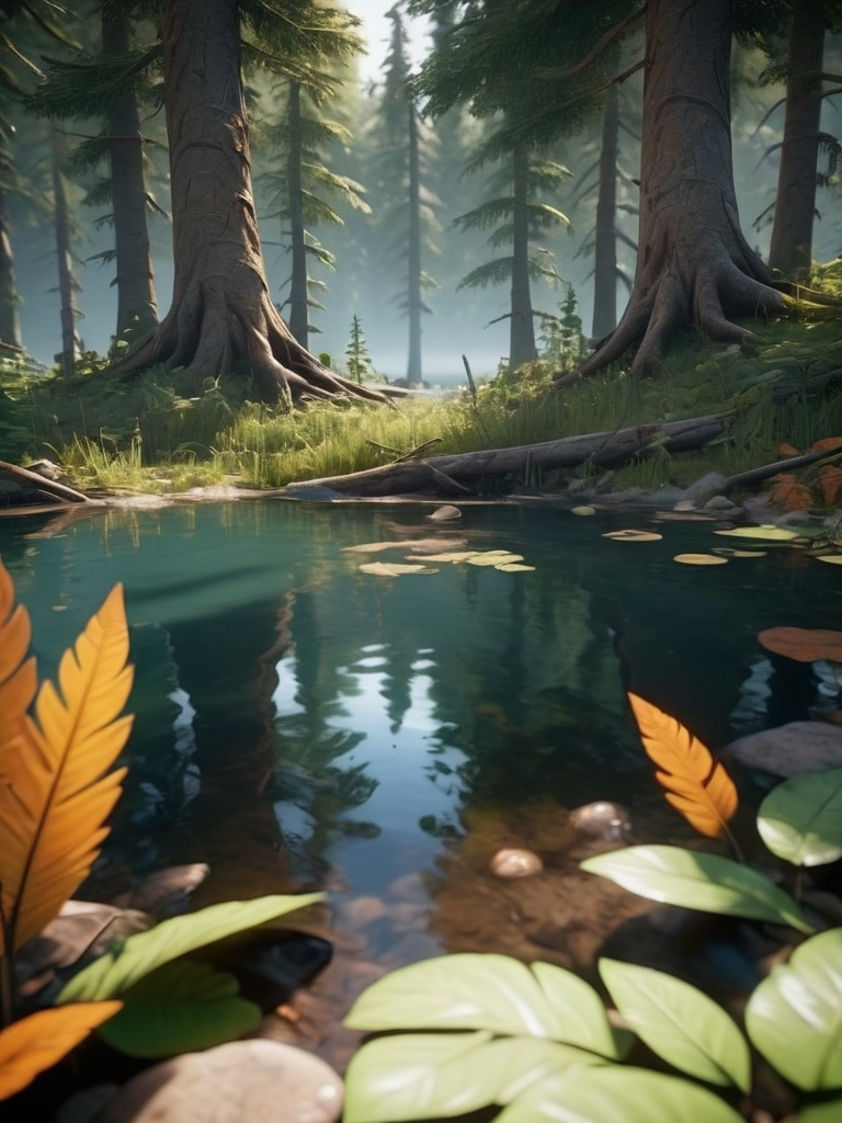 Prompt: a mysterious forest next to a lake, high quality, unreal engine