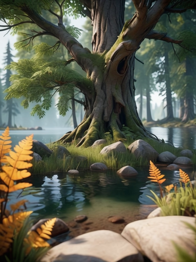 Prompt: a mysterious forest next to a lake, high quality, unreal engine