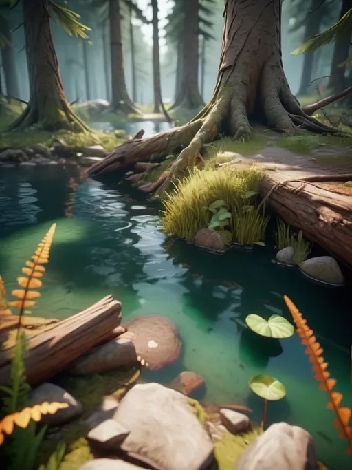 Prompt: a mysterious forest next to a lake, high quality, unreal engine