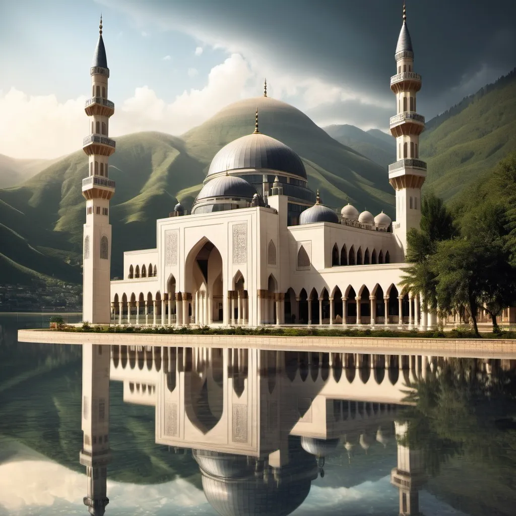 Prompt: Magnificent mosque with picturesque surroundings.