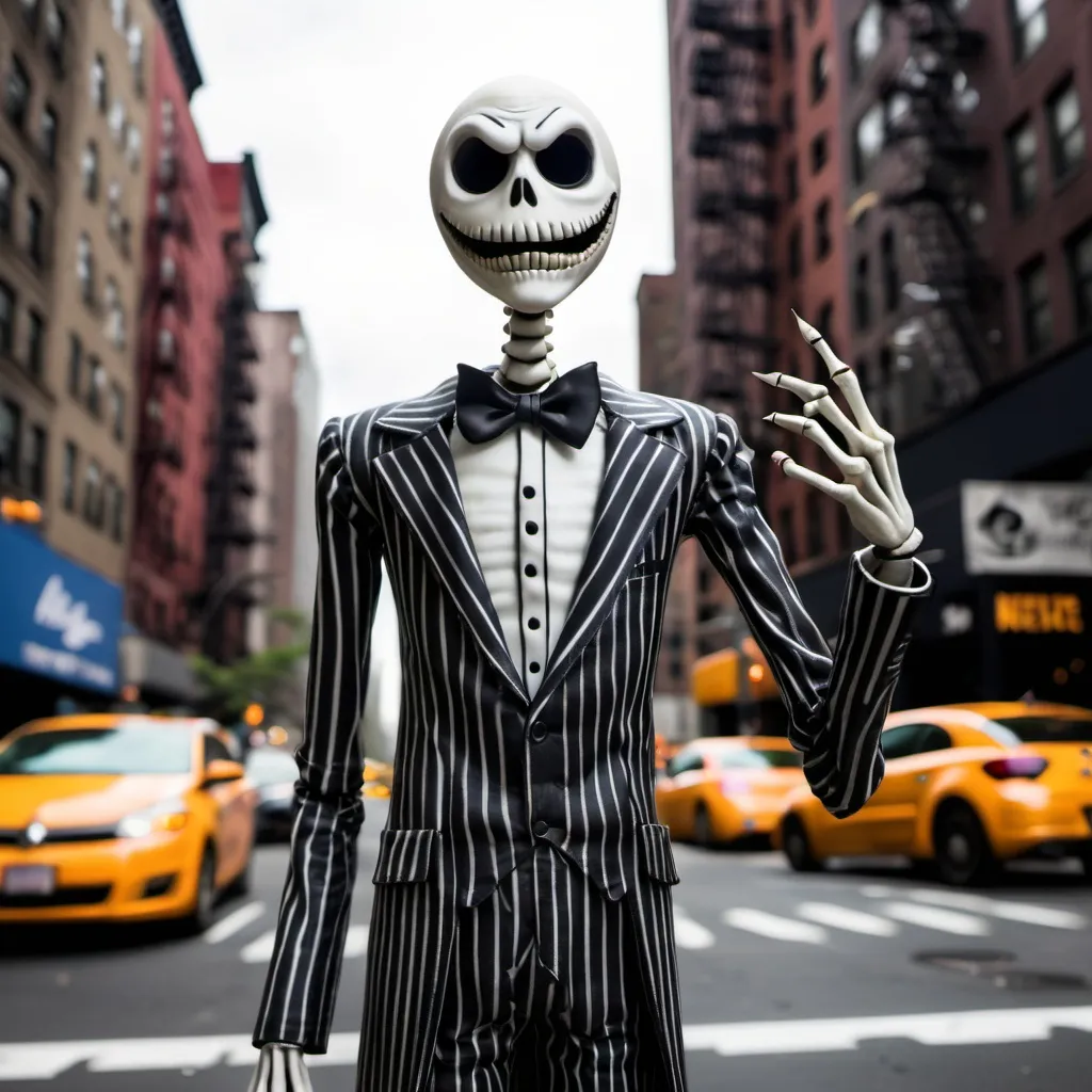 Prompt: jack skeleton on 112st and 3rd ave in nyc staring down beetle juice about to fight